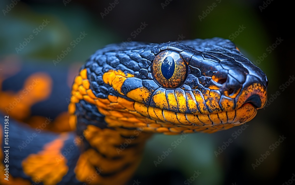 Obraz premium Close-up of a vibrant, black and orange snake's head, showcasing intricate scales and intense gaze.