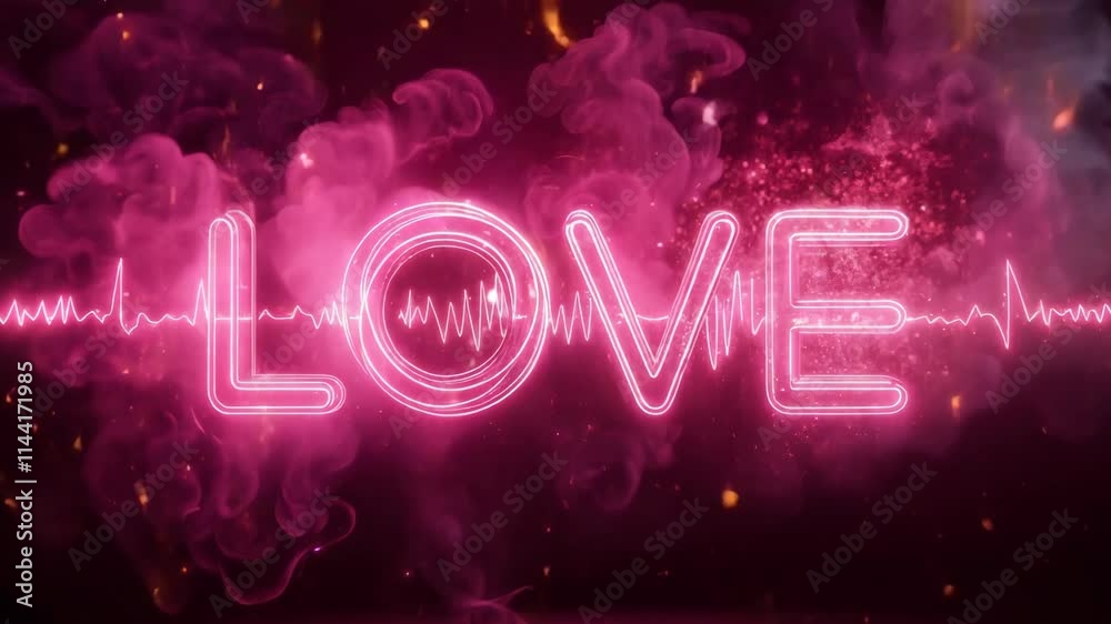 Illuminating the word love in vibrant pink neon, featuring a dynamic sound wave coursing through the letters, surrounded by swirling pink smoke against a rich dark background