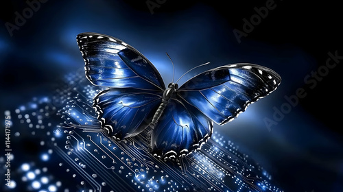 A digital butterfly on a computer chip represents the butterfly effect in technology, demonstrating how minor adjustments to circuitry or code can result in significant photo