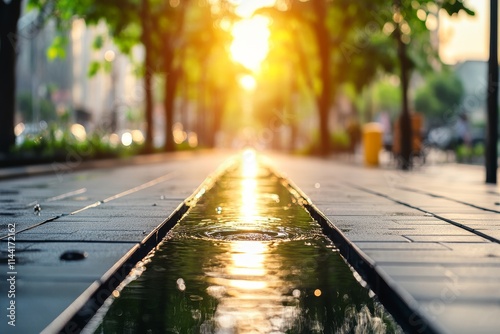 Sunlight reflects on a tranquil water stream flowing along a city street during golden hour photo