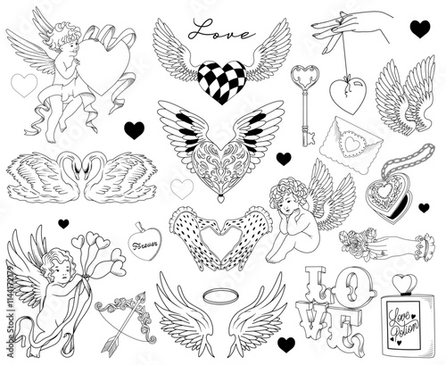 Set of hand drawn vector line art elements to Valentine's Day, isolated romantic line drawing illustrations (hearts, wings, swans, cupids), design for cards and invitations