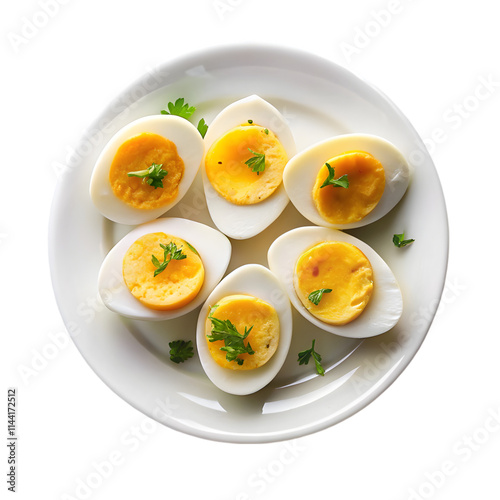 boiled eggs white plate top view isolated on transparent background