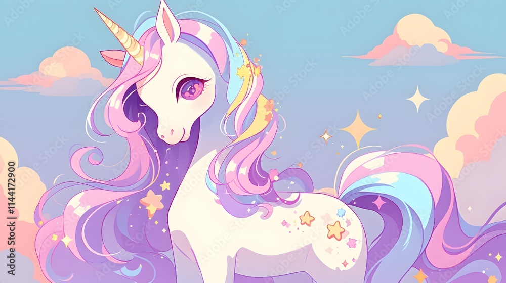 Cute and whimsical unicorn with golden stars, designed in 2D anime style