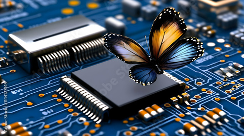 A digital butterfly on a computer chip represents the butterfly effect in technology, demonstrating how minor adjustments to circuitry or code can result in significant photo