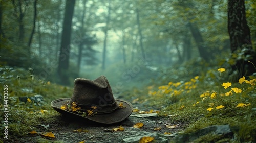 Robin Hood Hat Mysterious Forest Setting: Adventure-Themed Photography Featuring Iconic Robin Hood Hat Worn Mystical Forest Natural Light Atmospheric Elements Fantasy Adventure Art photo