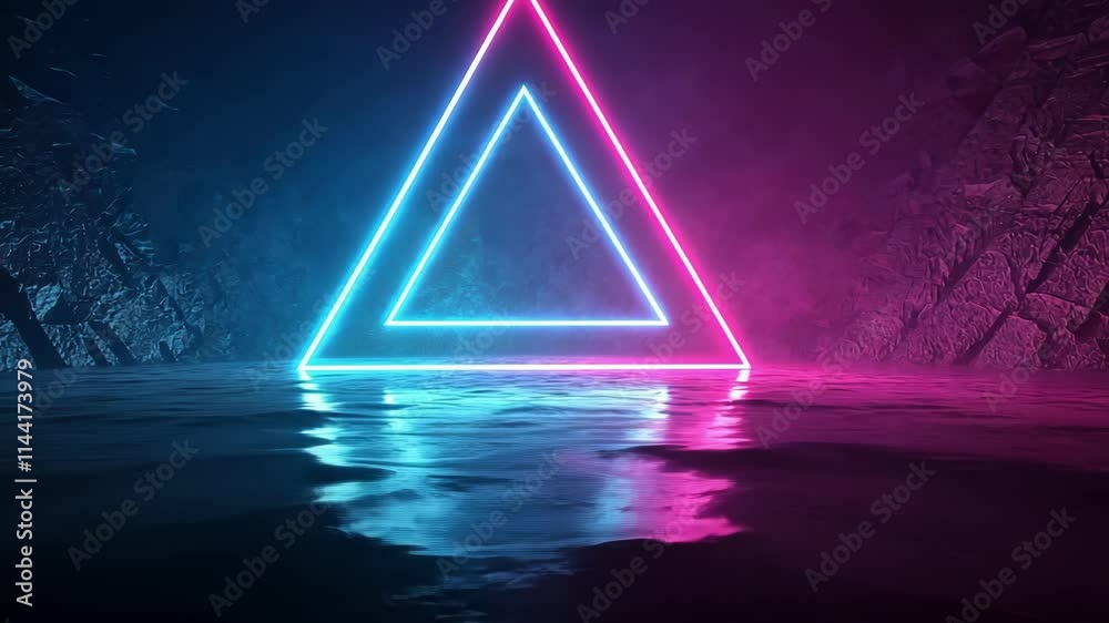 Electric Triangle A vibrant glowing triangle pulsates in neon pink and blue hues with a glitch effect that creates a ripple of distorted pixels across its surface as if time itself