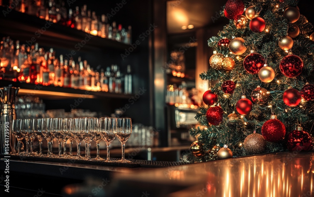 A sleek bar counter with a glowing Christmas tree adorned with red and gold ornaments, surrounded by crystal glasses A sleek bar counter with a glowing Christmas tree adorned with red and gold ornaments, surrounded by crystal glasses