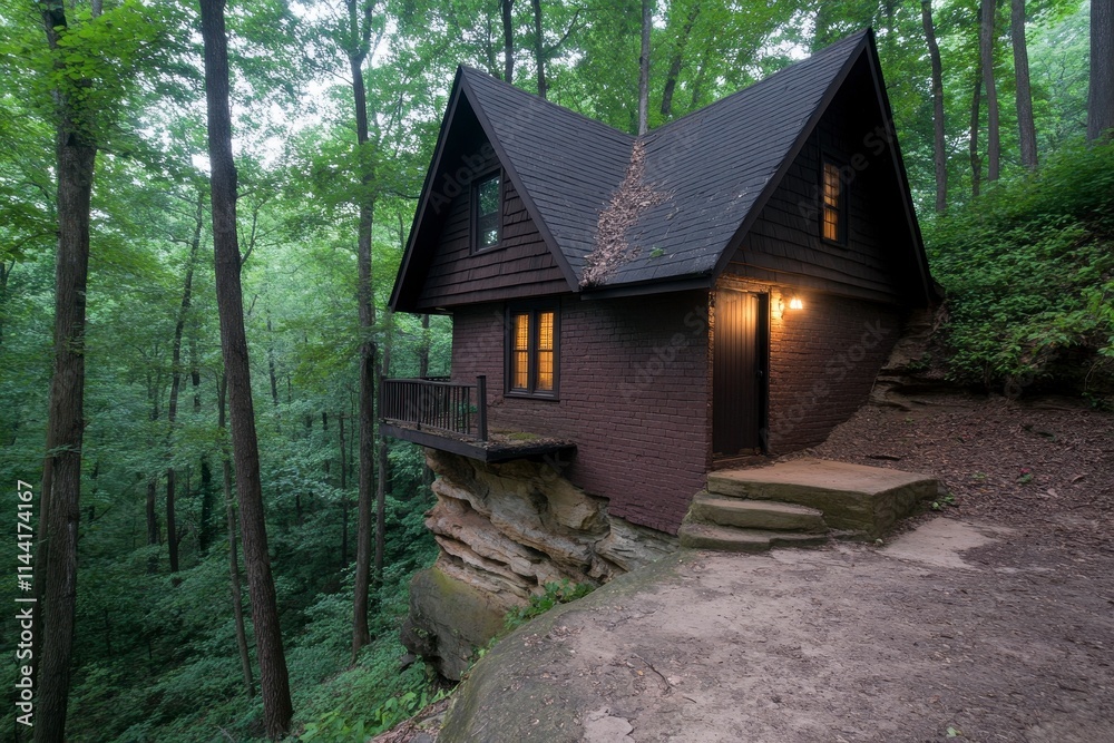Secluded cabin nestled on a cliffside in a lush forest. Secluded cabin nestled on a cliffside in a lush forest.