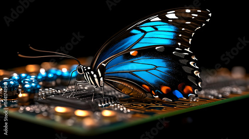 A digital butterfly on a computer chip represents the butterfly effect in technology, demonstrating how minor adjustments to circuitry or code can result in significant