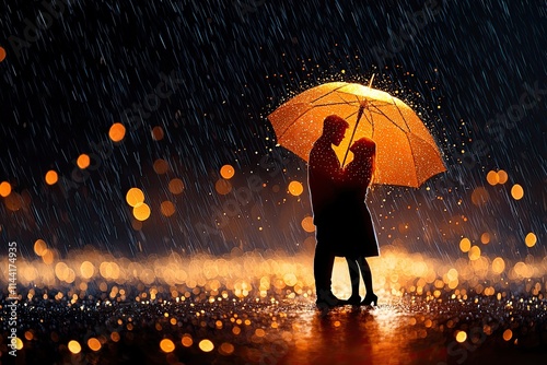 Romantic couple under a glowing umbrella in rainy evening urban setting silhouette photography dreamy atmosphere close-up view love concept photo