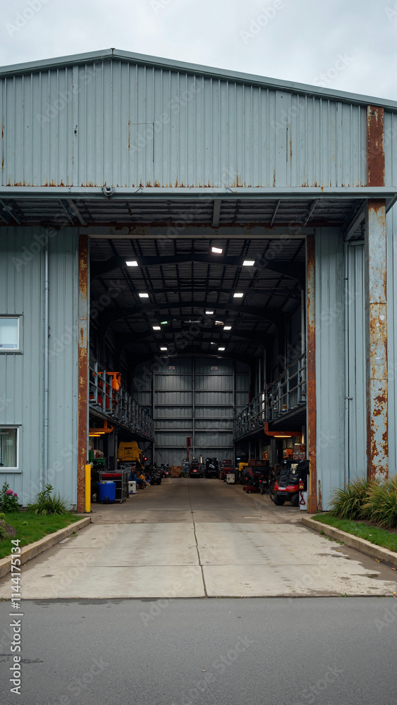 Industrial Strength: Imposing Factory Building with Open Door - Perfect for Manufacturing and Business Visuals Industrial Strength: Imposing Factory Building with Open Door - Perfect for Manufacturing and Business Visuals