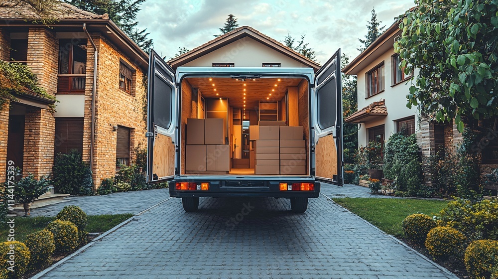 Obraz premium Moving truck parked in a residential driveway, with stacked furniture and neatly packed boxes in the open back, symbolizing home relocation services.