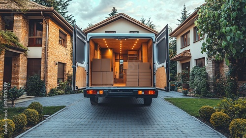 Moving truck parked in a residential driveway, with stacked furniture and neatly packed boxes in the open back, symbolizing home relocation services.