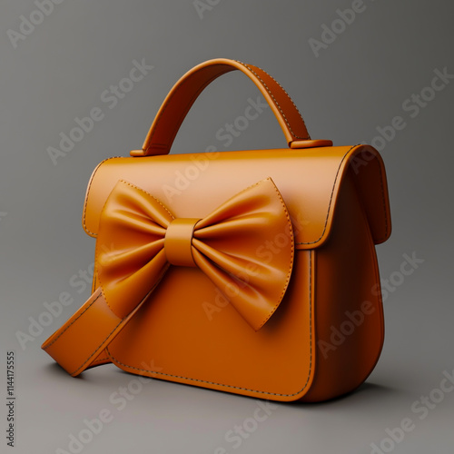 A woman's bag with an orange bow on the front, featuring a diagonal shoulder strap and leather elements. photo