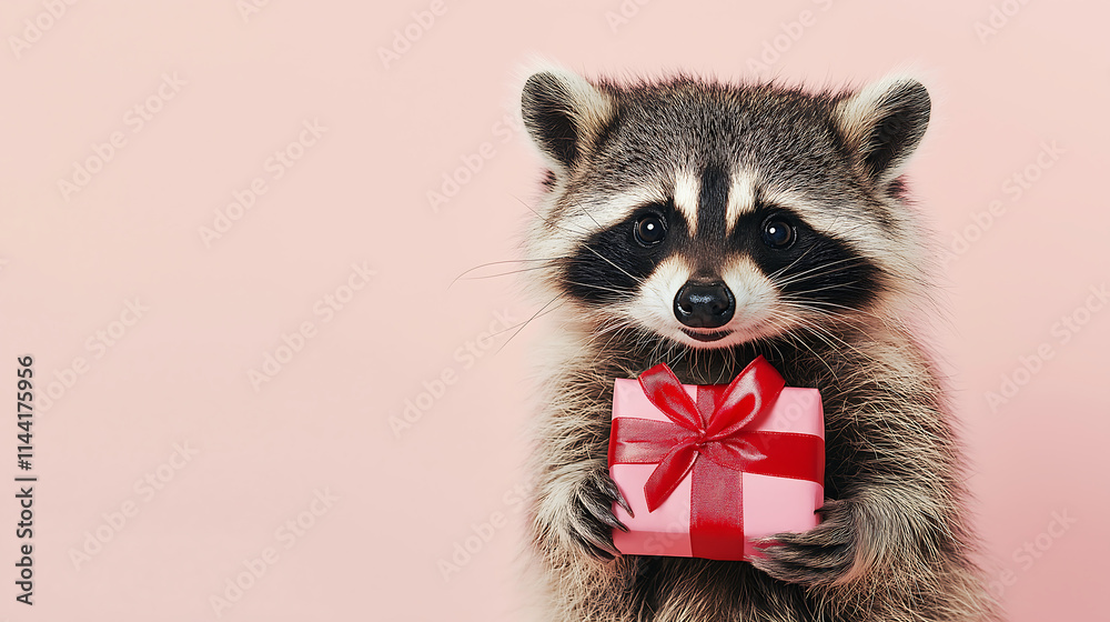 A raccoon happily holds a brightly wrapped Valentine's Day gift, indoors against a pastel background A raccoon happily holds a brightly wrapped Valentine's Day gift, indoors against a pastel background