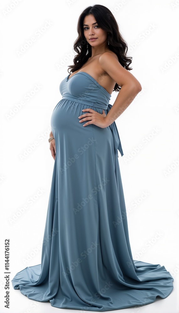 Pregnant woman in blue evening gown on white background Pregnant woman in blue evening gown on white background