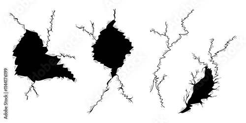 Hand drawn cracked wall, ground, glass, egg. doodle break set. vector illustration