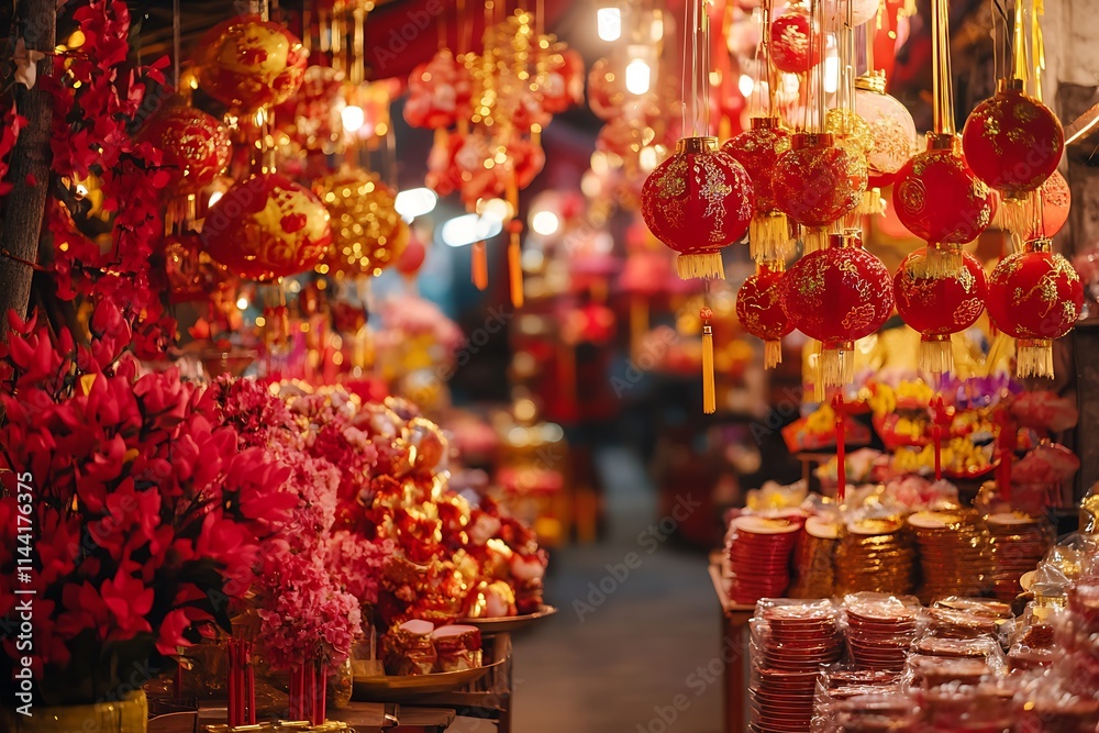 Festive Chinese Market Filled with Red and Gold Decorations and Lanterns. Festive Chinese Market Filled with Red and Gold Decorations and Lanterns.