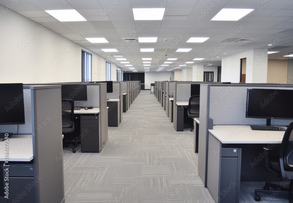 Modern Open Workspace with Rows of Desks and Computer Monitors, Bright Lighting Creating a Productive Office Atmosphere Modern Open Workspace with Rows of Desks and Computer Monitors, Bright Lighting Creating a Productive Office Atmosphere