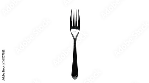 A sleek, modern fork isolated on a white background, perfect for culinary presentations, restaurant menus, or cutlery advertisements, highlighting its elegant design and shiny fini