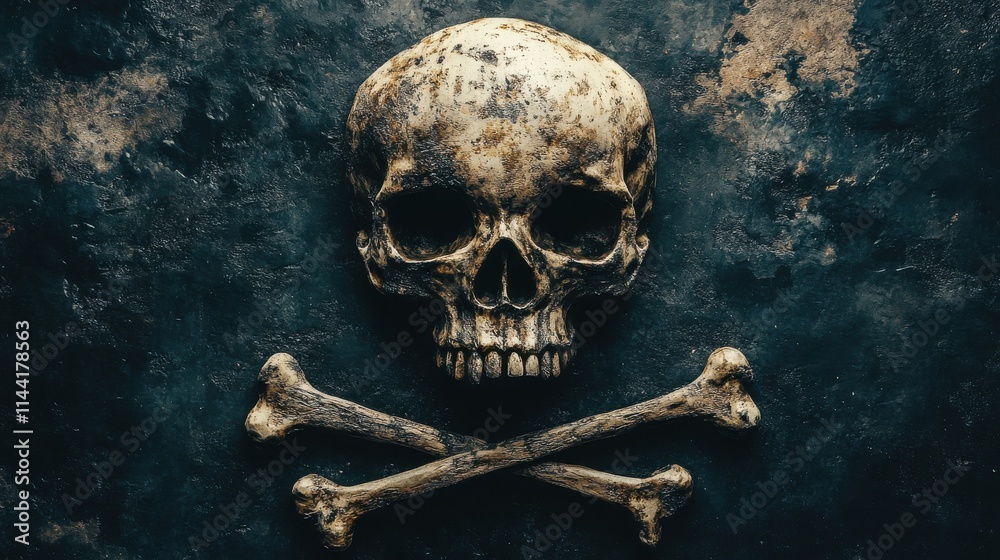 The Grim Reminder: A weathered human skull rests upon crossed bones, casting a somber shadow against a dark, textured backdrop. The image evokes a sense of mortality and the fleeting nature of life. The Grim Reminder: A weathered human skull rests upon crossed bones, casting a somber shadow against a dark, textured backdrop. The image evokes a sense of mortality and the fleeting nature of life.