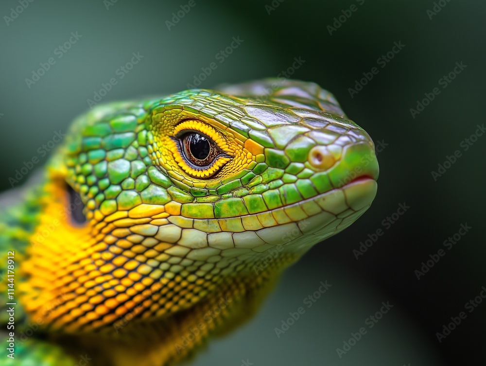 close-up portrait of an exotic green and yellow lizard, macro photography, studio lighting, professional color grading, shallow depth of field, green background close-up portrait of an exotic green and yellow lizard, macro photography, studio lighting, professional color grading, shallow depth of field, green background