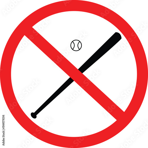 Prohibition baseball sign on white background. No baseball bat sign. No playing baseball symbol. flat style.