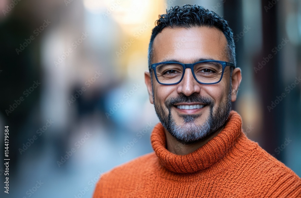 Smiling Man in Vibrant Orange Sweater Posing Outdoors in the City with a Soft Blurred Background and Warm Sunshine Lighting Creating a Lively Atmosphere Smiling Man in Vibrant Orange Sweater Posing Outdoors in the City with a Soft Blurred Background and Warm Sunshine Lighting Creating a Lively Atmosphere