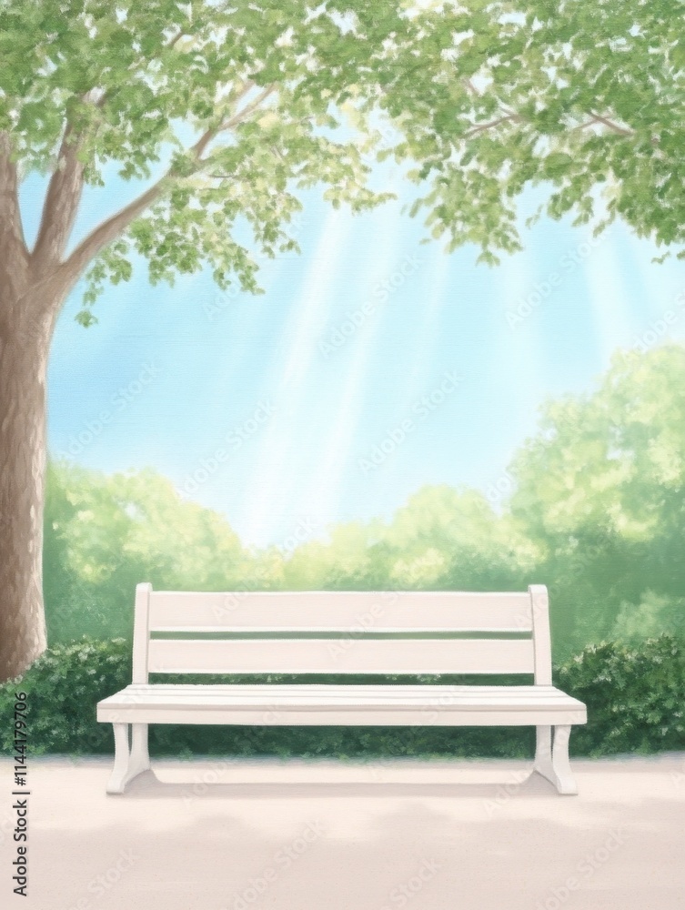 Serene park bench under sunlit trees. Serene park bench under sunlit trees.