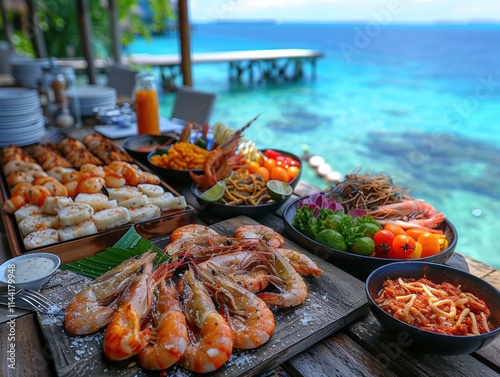 Fototapeta Naklejka Na Ścianę i Meble -  Sampling traditional Maldivian cuisine: Enjoy fresh seafood and local delicacies.