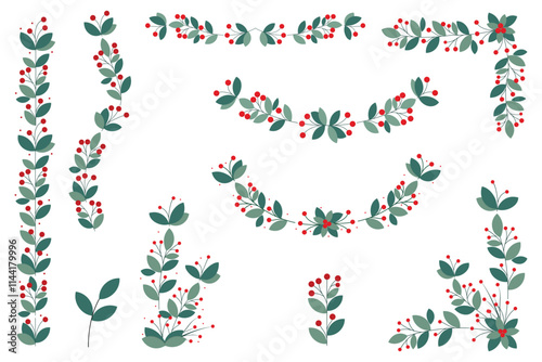 Set Of Red Cherry Berries And Green Leaves Garland Decorations