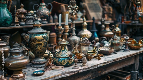 Rustic collection of antique pottery and vintage items on display