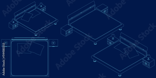 Set with Large double bed with blanket and pillows contour isolated on blue background. Furniture item for home and hotel. Vector illustration