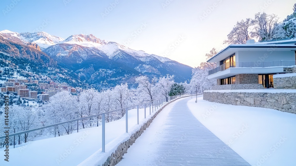 Snowy mountain landscape with modern house and walkway. Snowy mountain landscape with modern house and walkway.