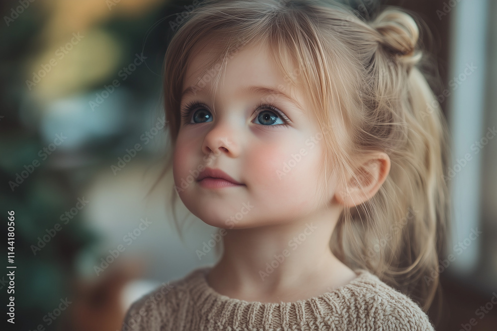 Innocent little girl looking up with a thoughtful expression in a cozy environment Innocent little girl looking up with a thoughtful expression in a cozy environment