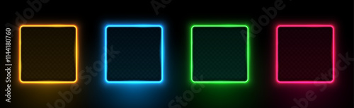 Collection of neon glowing square frames. Glowing frame. Orange, blue, green and red LED fluorescent lasers isolated on black background. Vector illustration.