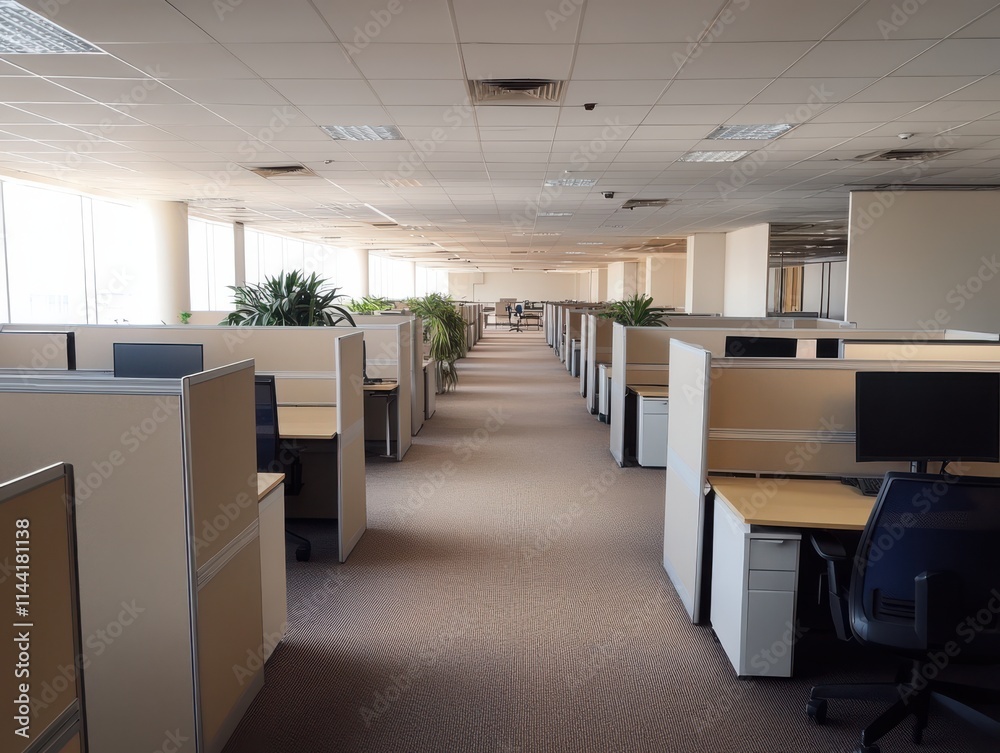 Spacious and Modern Office Interior in a Corporate Environment with Workstations, Desks, Computers, and Natural Light Illuminating the Workspace Spacious and Modern Office Interior in a Corporate Environment with Workstations, Desks, Computers, and Natural Light Illuminating the Workspace