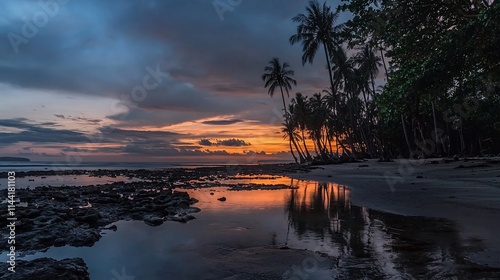 Tropical sunset reflecting on calm ocean water with palm trees.