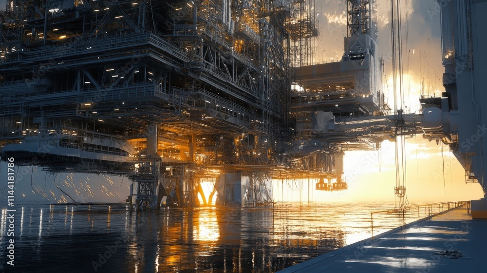 Futuristic Offshore Oil Rig at Sunset Over Calm Waters Futuristic Offshore Oil Rig at Sunset Over Calm Waters