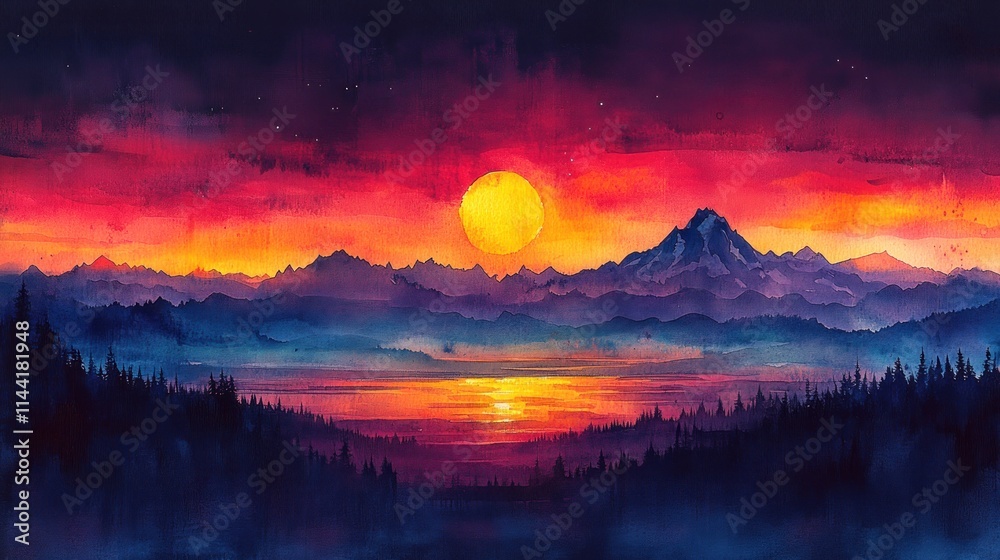 Vibrant sunset over misty mountain lake. Vibrant sunset over misty mountain lake.