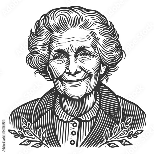 elderly woman with detailed wrinkles, expressive eyes, and styled hair, surrounded by decorative leaves sketch engraving generative ai vector illustration. Scratch board. Black and white image.