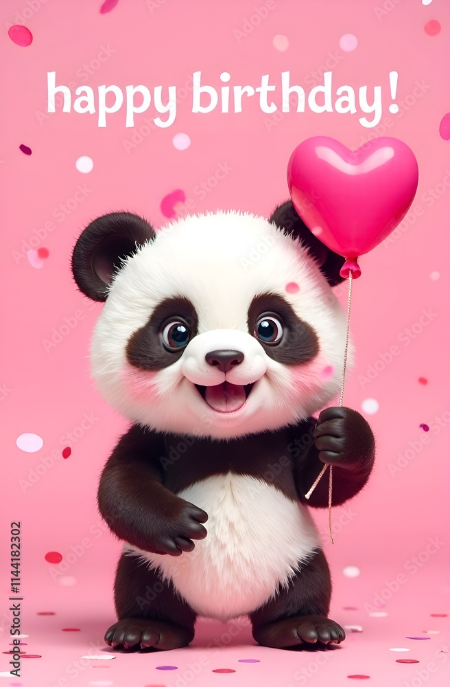 A cute panda bear is joyfully holding a vibrant pink heart shaped balloon