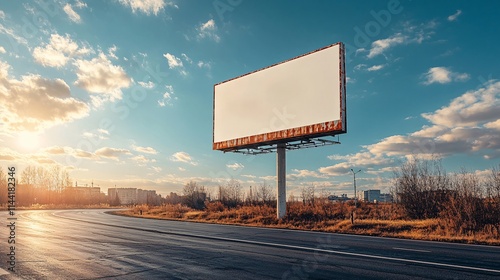 Empty billboard on a highway under the bright sun of a spring day, perfect for an advertisement with a scenic backdrop. photo