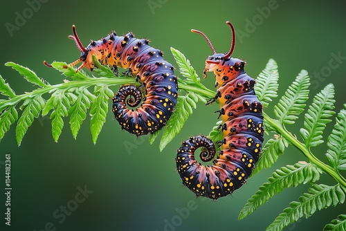 Colorful caterpillars observing on fern leaves in a lush forest environment photo