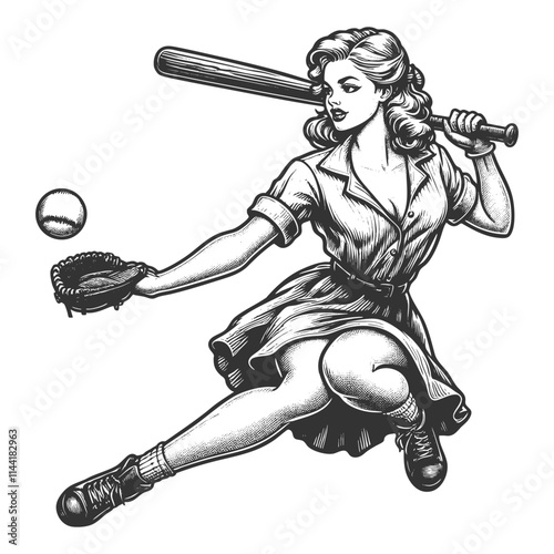 female baseball player in mid-action, holding a bat while catching a ball with a glove sketch engraving generative ai vector illustration. Scratch board imitation. Black and white image.