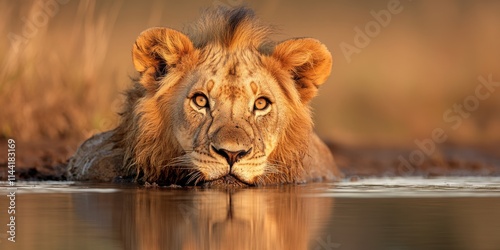 Majestic Lion Drinking from Watering Hole African Savanna Wildlife Photography Morning Light Close-Up Nature's Beauty photo