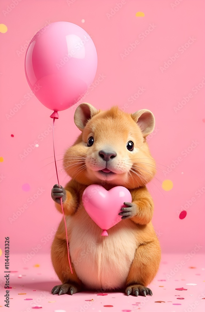 A charming birthday card features an adorable capybara happily holding a heartshaped balloon, perfect for celebration