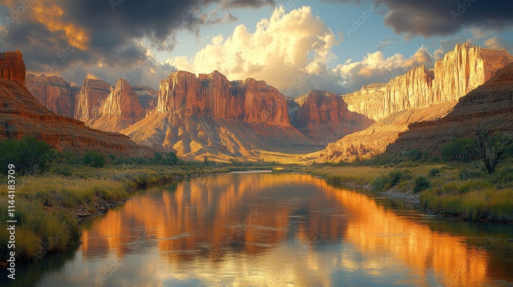 Fototapeta premium Calm river reflecting sunset canyon landscape.