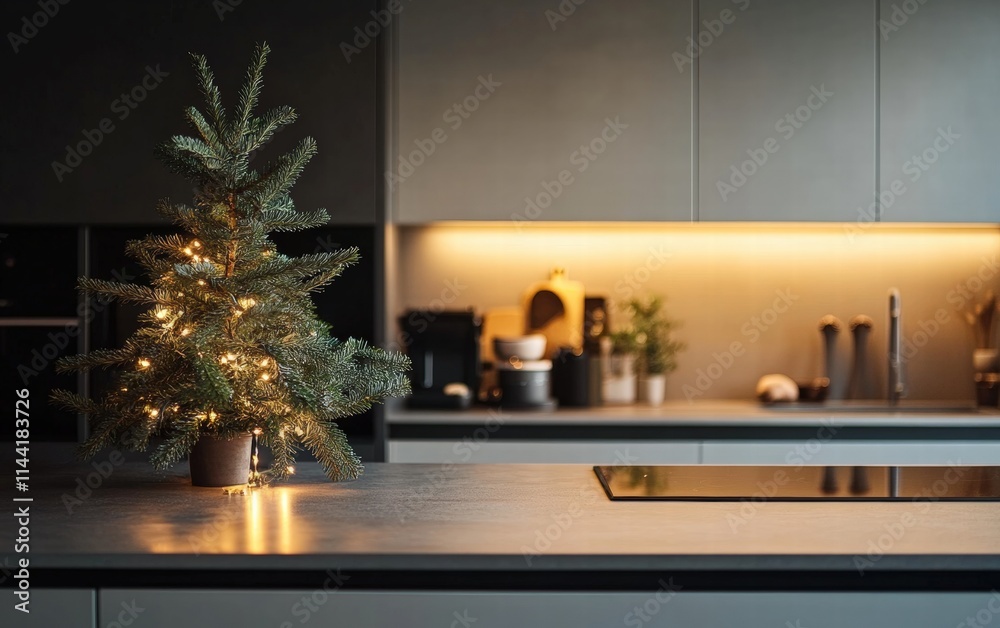 A sleek modern kitchen with a small glowing Christmas tree on the countertop, surrounded by minimal holiday decor A sleek modern kitchen with a small glowing Christmas tree on the countertop, surrounded by minimal holiday decor