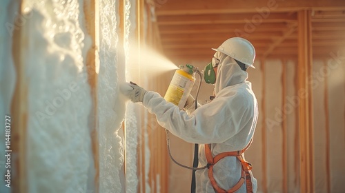 Construction Worker Spraying Expanding Foam Insulation, Creating an Energy Efficient Home photo